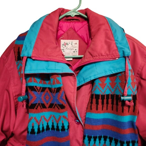Vintage New Image Women's Small Pink & Teal Winter Ski Jacket Scarf Set Quilted - Picture 2 of 14